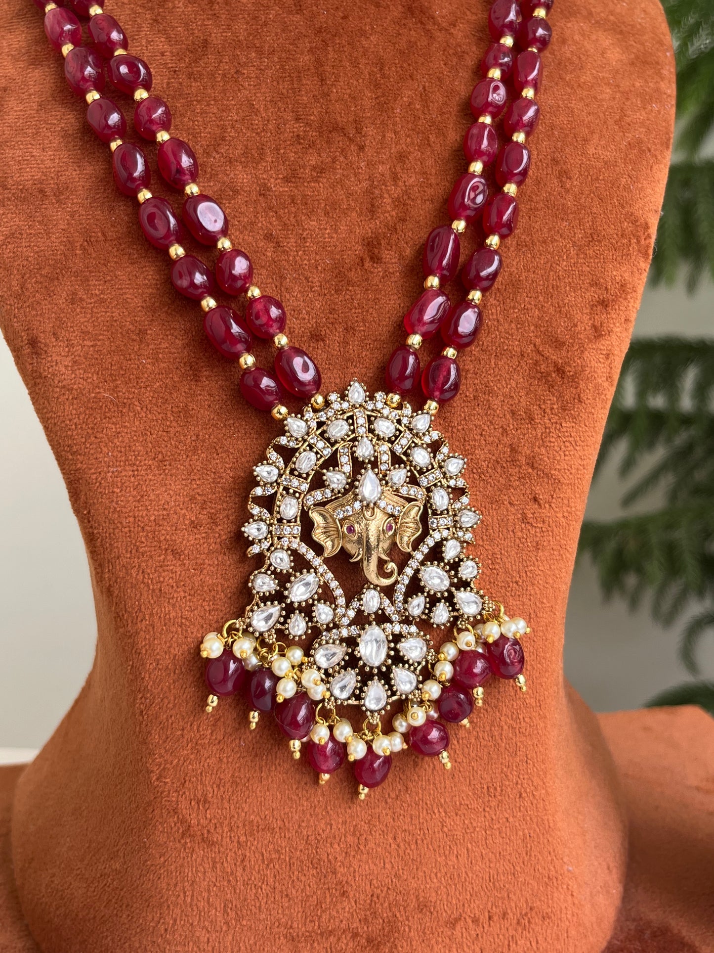 Beaded Haram with Lord Ganesha Pendant – Green & Maroon | Festive Luxury Jewellery