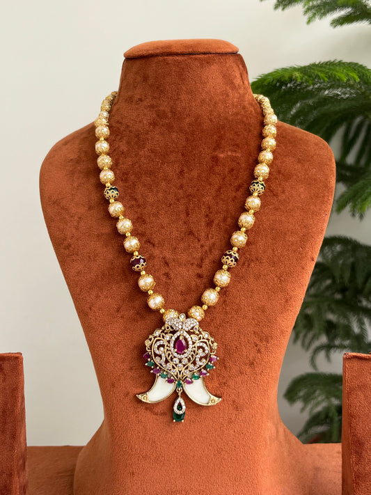 Tiger Nail Pendant with Multicolor Stones & Pearls Haram – Perfect for Sarees