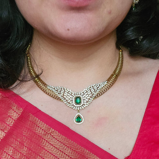 Traditional Kanti Necklace – Green Stones & AD – With Earrings