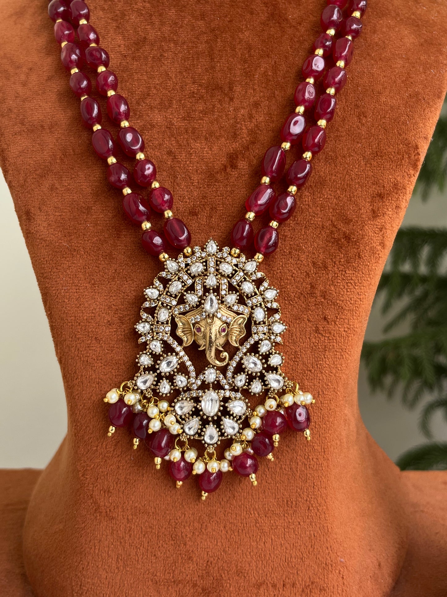 Beaded Haram with Lord Ganesha Pendant – Green & Maroon | Festive Luxury Jewellery