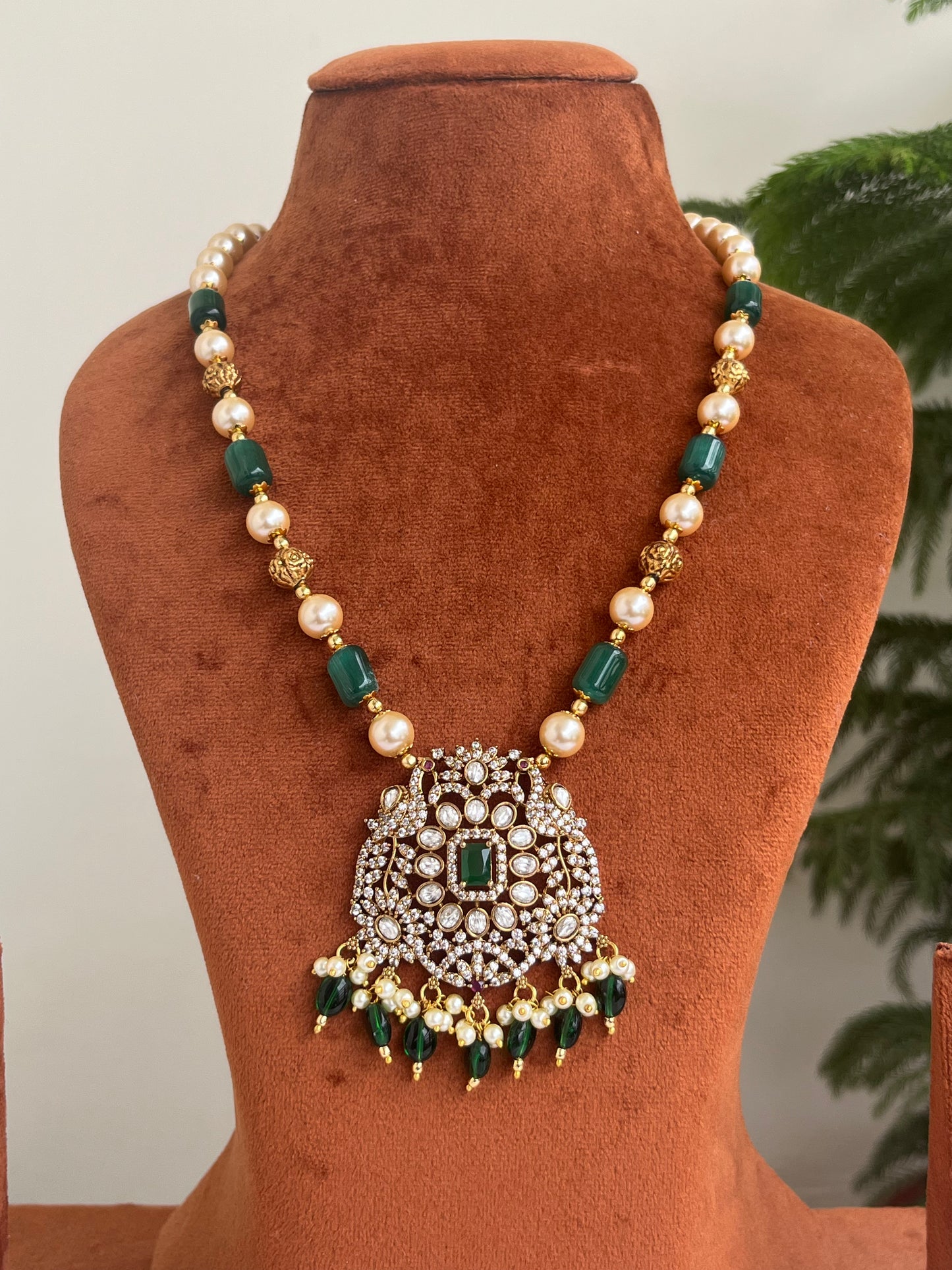 Victorian Peacock Motif Pendant with Green Beads Haram – Perfect for Sarees
