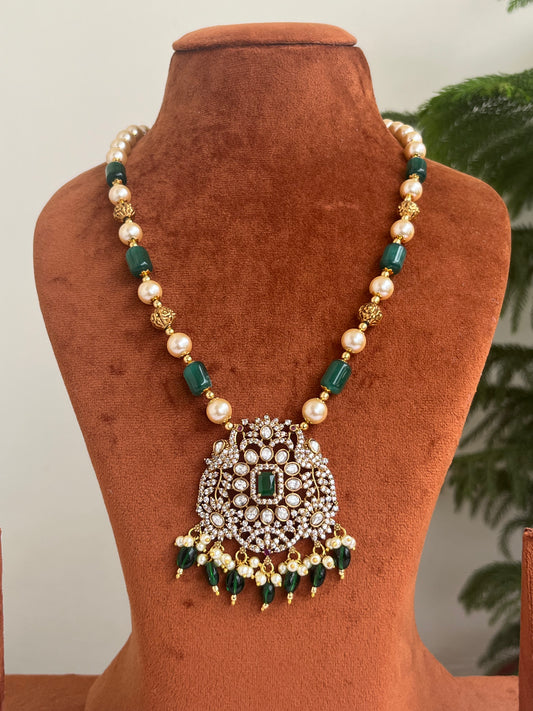 Victorian Peacock Motif Pendant with Green Beads Haram – Perfect for Sarees