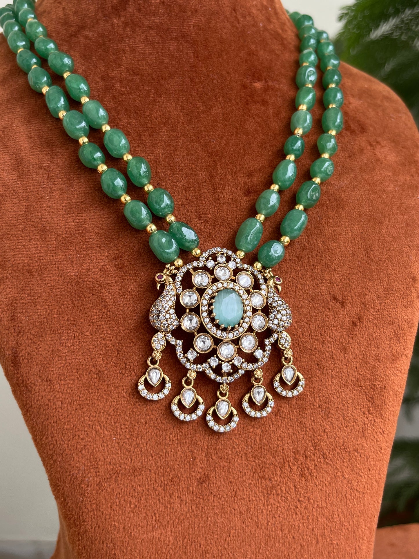 Peacock Motifs Victorian Pendant Beads Mid Length Haram – in Green & Onion Colors