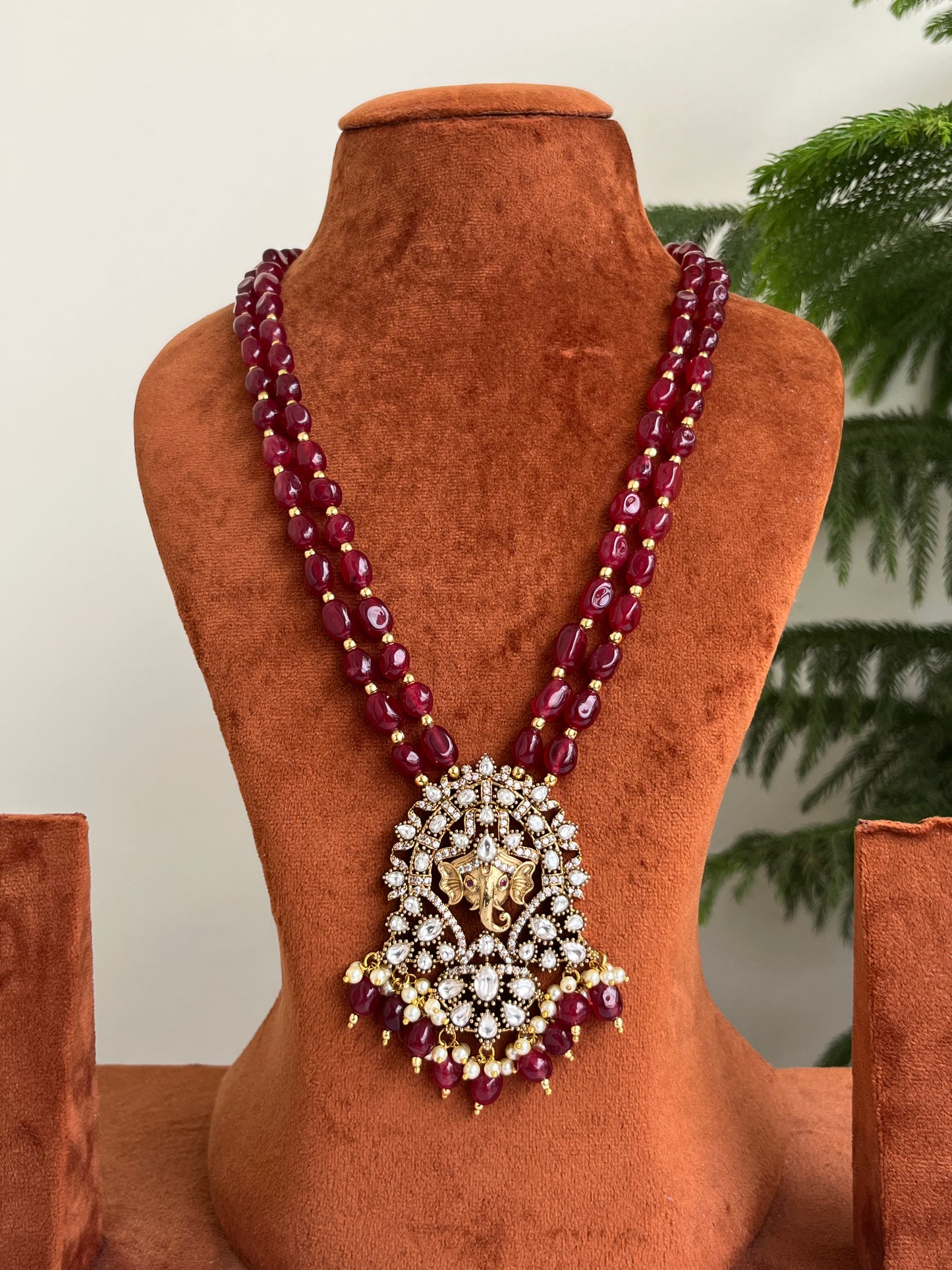 Beaded Haram with Lord Ganesha Pendant – Green & Maroon | Festive Luxury Jewellery