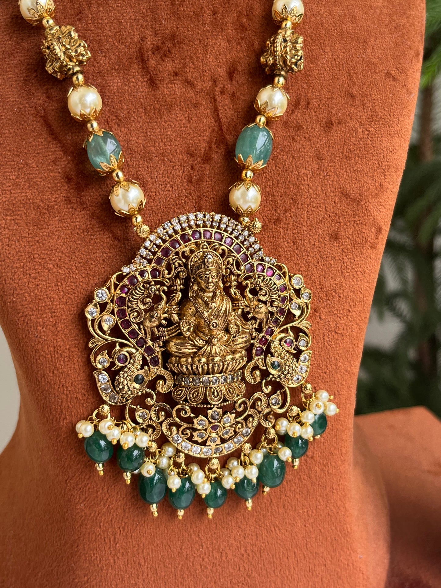 Lakshmi Devi Haram with Pearls & Green Stones – Perfect for Sarees | Festive & Wedding Jewellery
