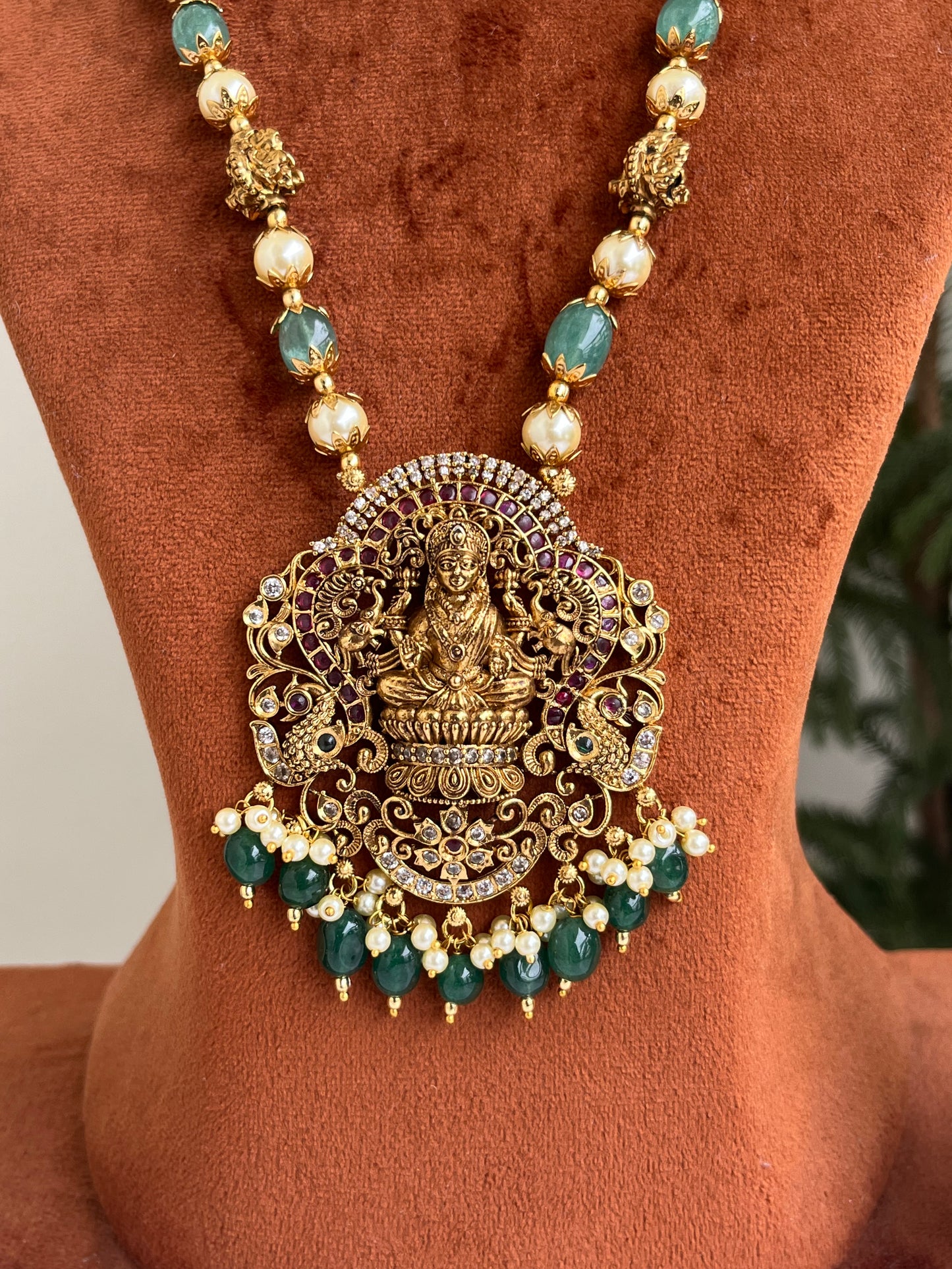 Lakshmi Devi Haram with Pearls & Green Stones – Perfect for Sarees | Festive & Wedding Jewellery