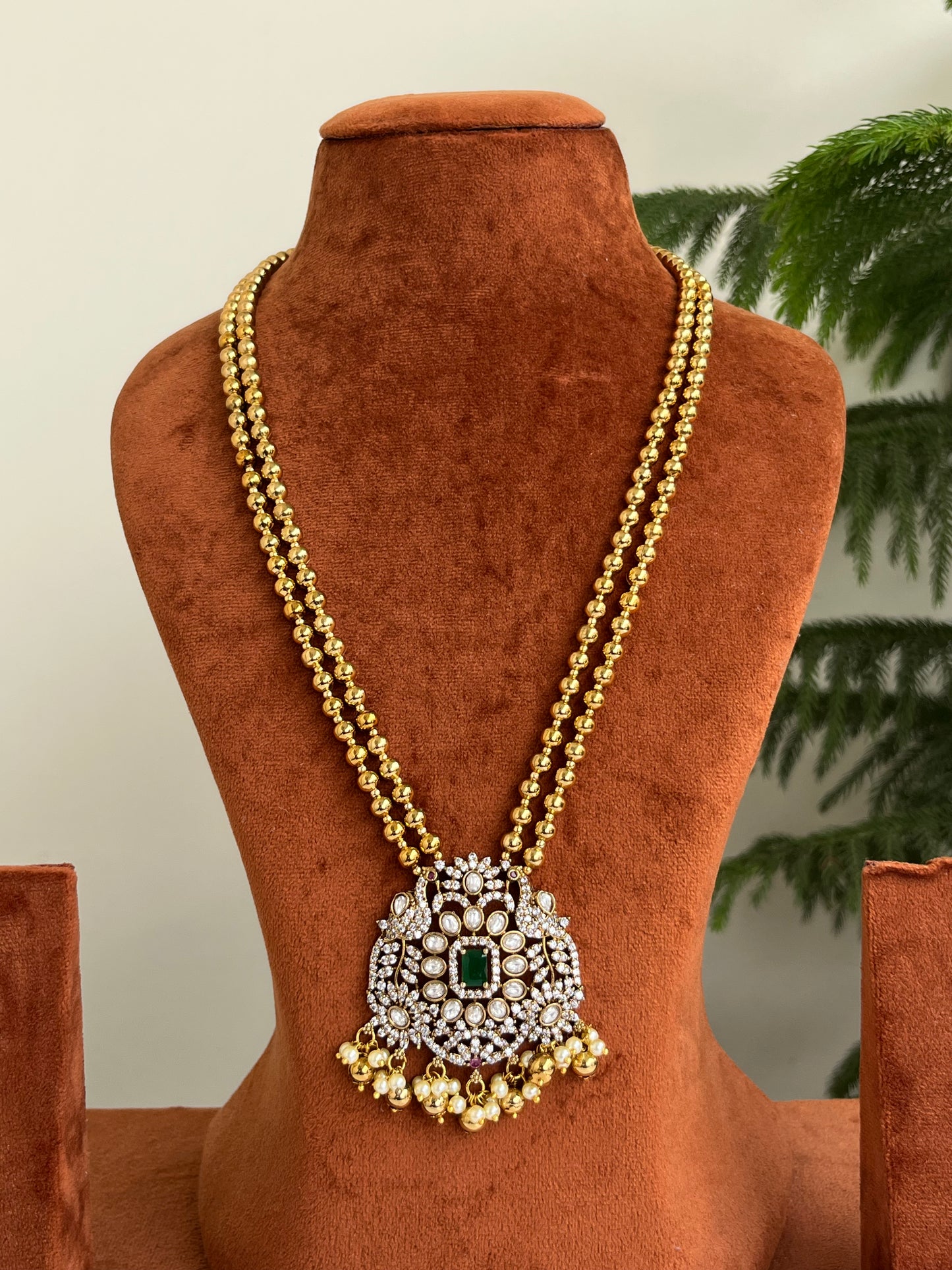 Peacock Motif Victorian Pendant Haram with Golden Beads – Perfect for Sarees