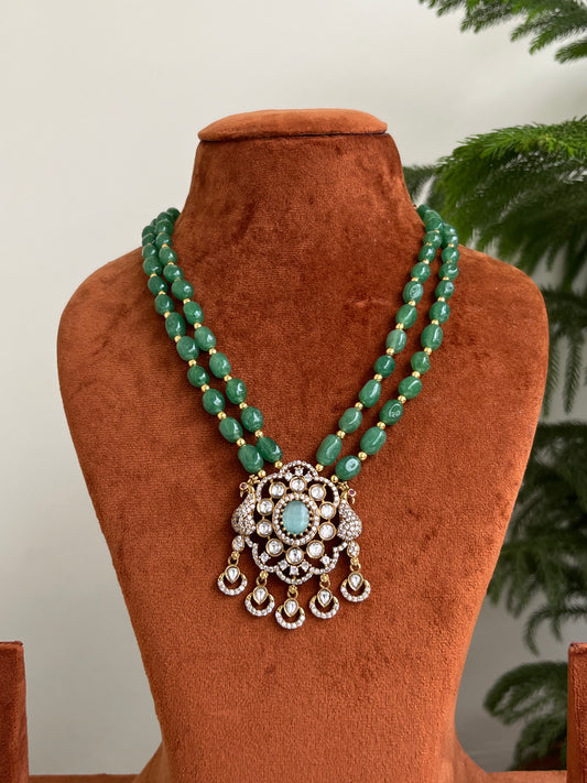 Peacock Motifs Victorian Pendant Beads Mid Length Haram – in Green & Onion Colors