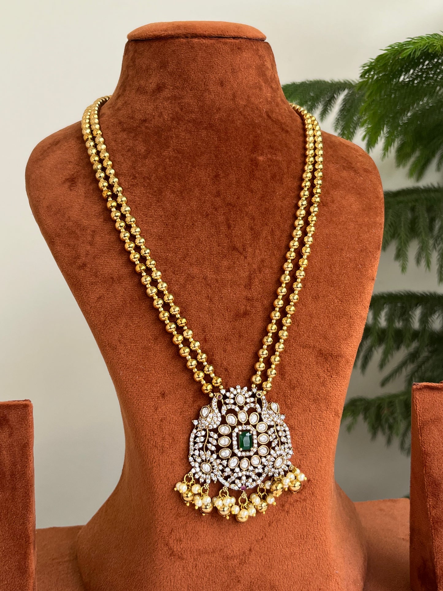 Peacock Motif Victorian Pendant Haram with Golden Beads – Perfect for Sarees