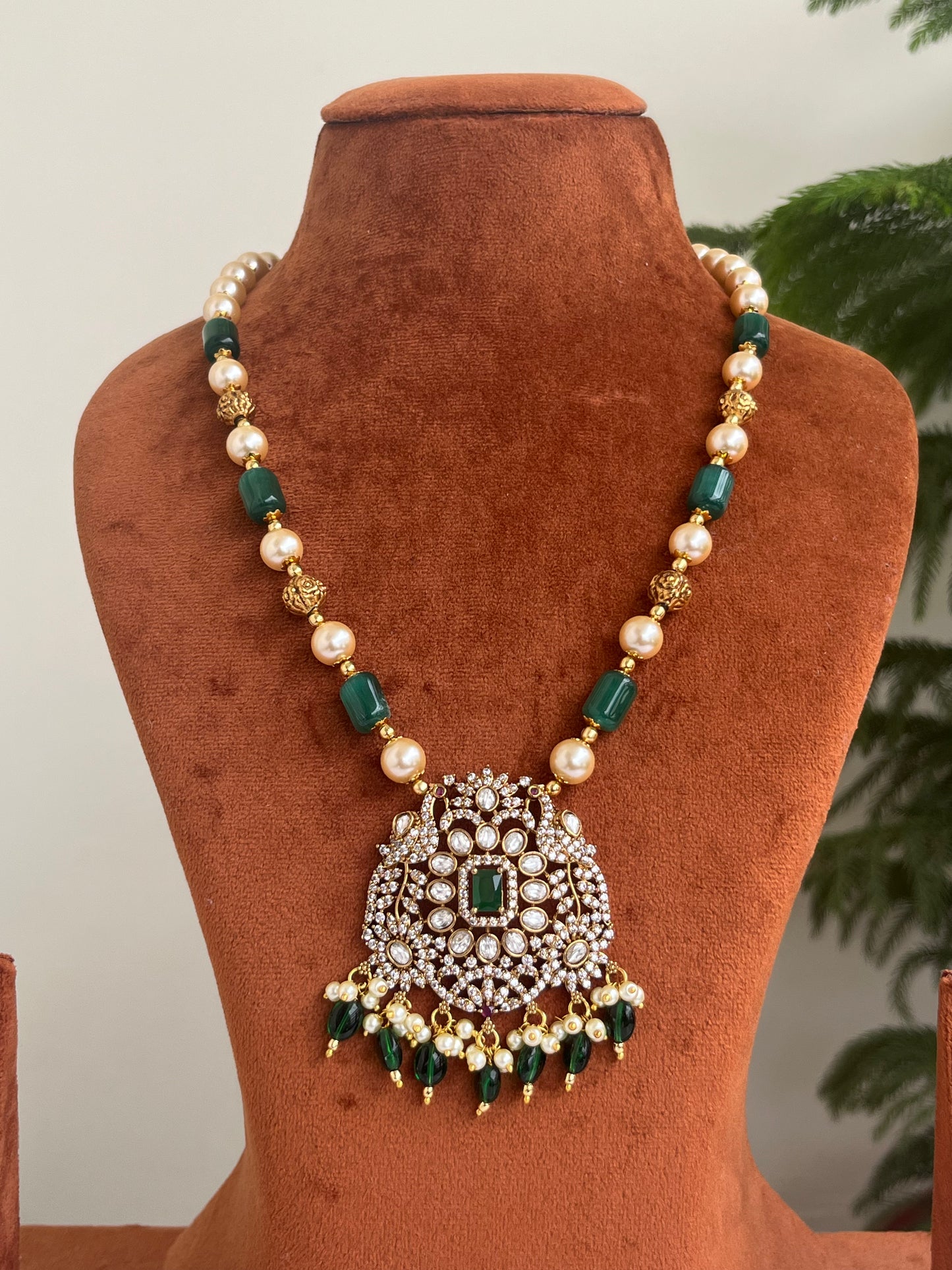 Victorian Peacock Motif Pendant with Green Beads Haram – Perfect for Sarees