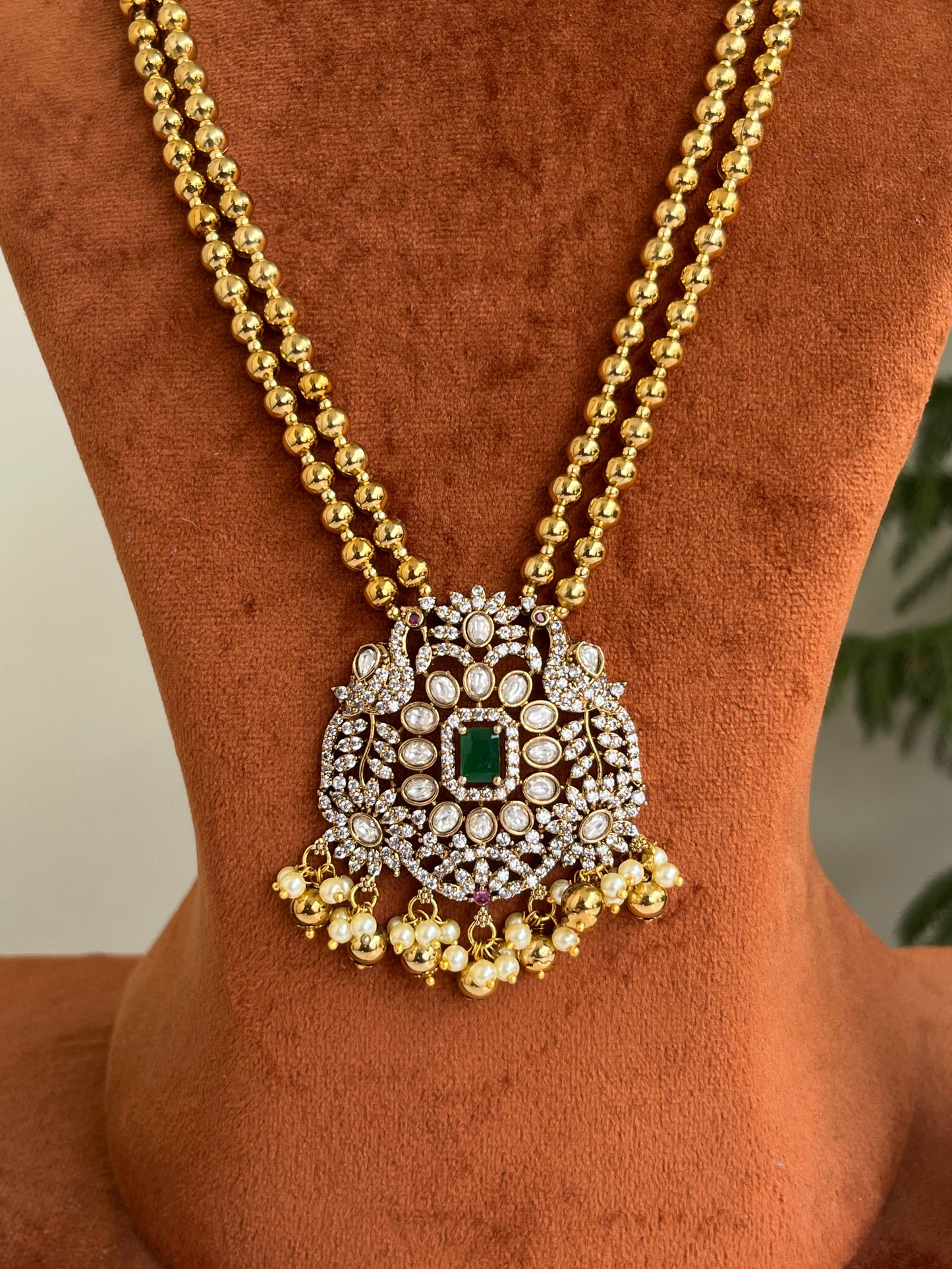 Peacock Motif Victorian Pendant Haram with Golden Beads – Perfect for Sarees