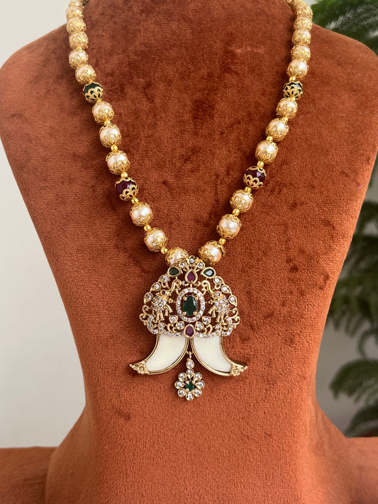 Elephant Motif Tiger Nail Pendant Haram with Pearls – Royal Traditional Jewellery