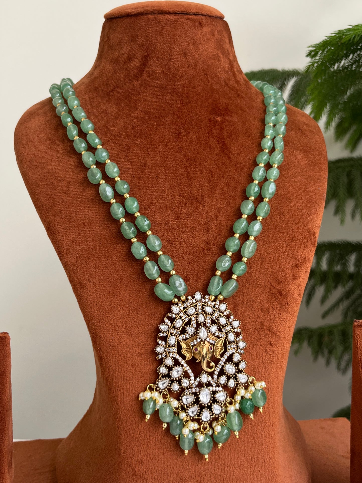 Beaded Haram with Lord Ganesha Pendant – Green & Maroon | Festive Luxury Jewellery