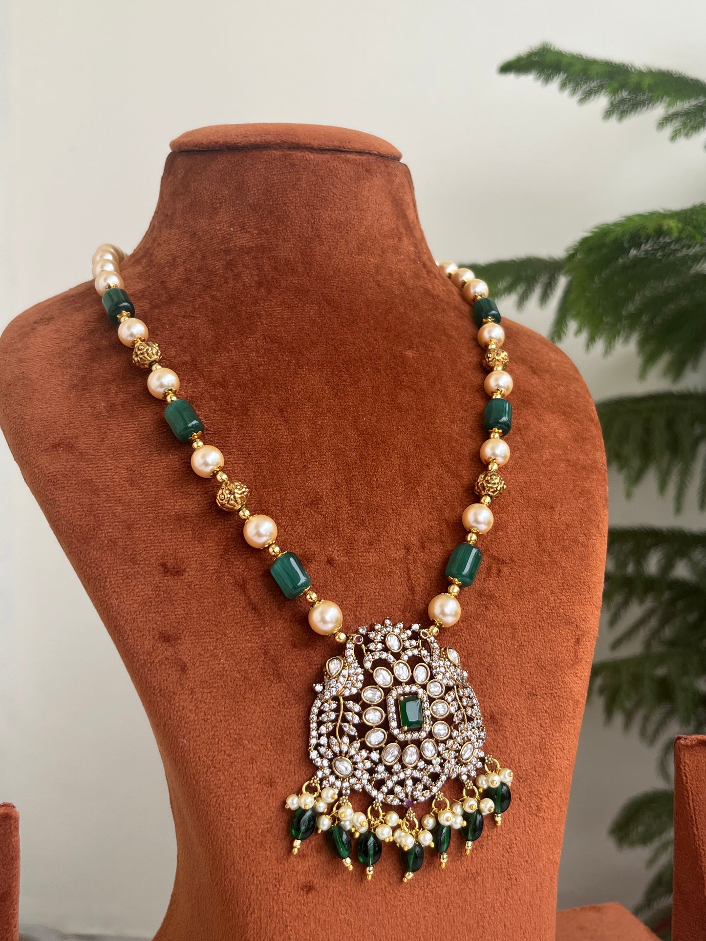 Victorian Peacock Motif Pendant with Green Beads Haram – Perfect for Sarees