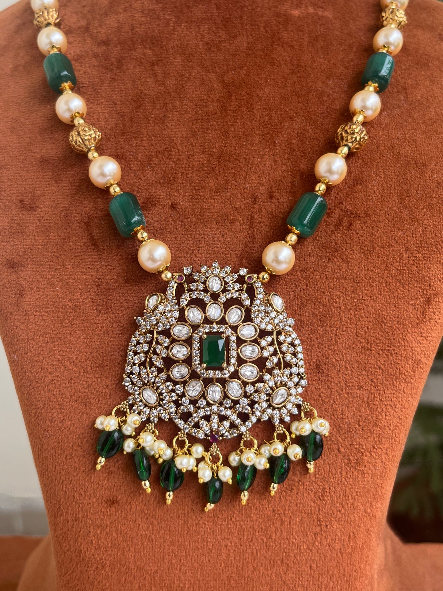 Victorian Peacock Motif Pendant with Green Beads Haram – Perfect for Sarees