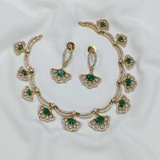 Flower Motif Statement Necklace – Green – With Earrings